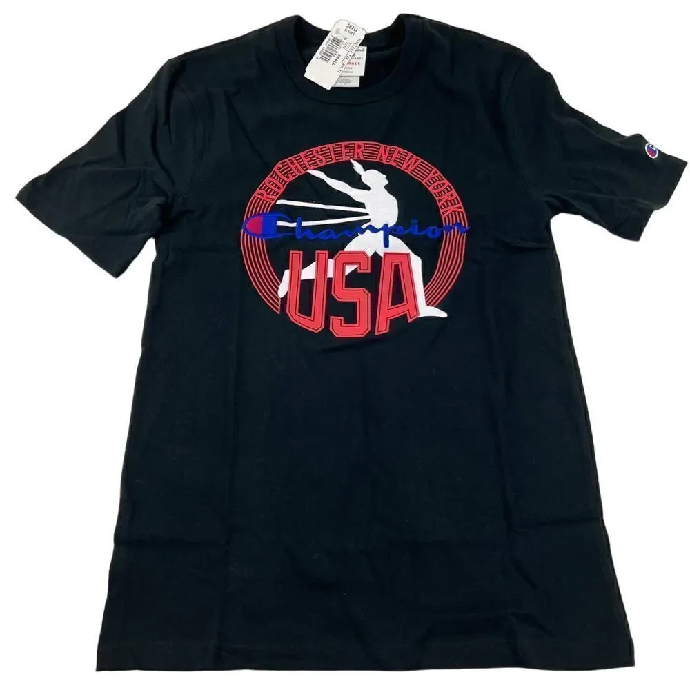 New Champion Men US S Athletic Top Sports Black Cotton T-Shirt Heritage Tee - Picture 2 of 5